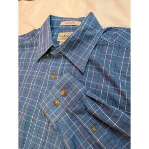 Men's L.L. Bean Traditional Fit Button Up Shirt Windowpane Plaid Blue Medium